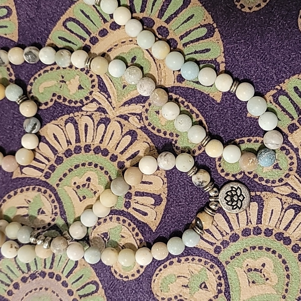Beautiful Natural Stone and Silver Bead Lotus Charm Necklace - Long and Stretchy - Picture 3 of 5